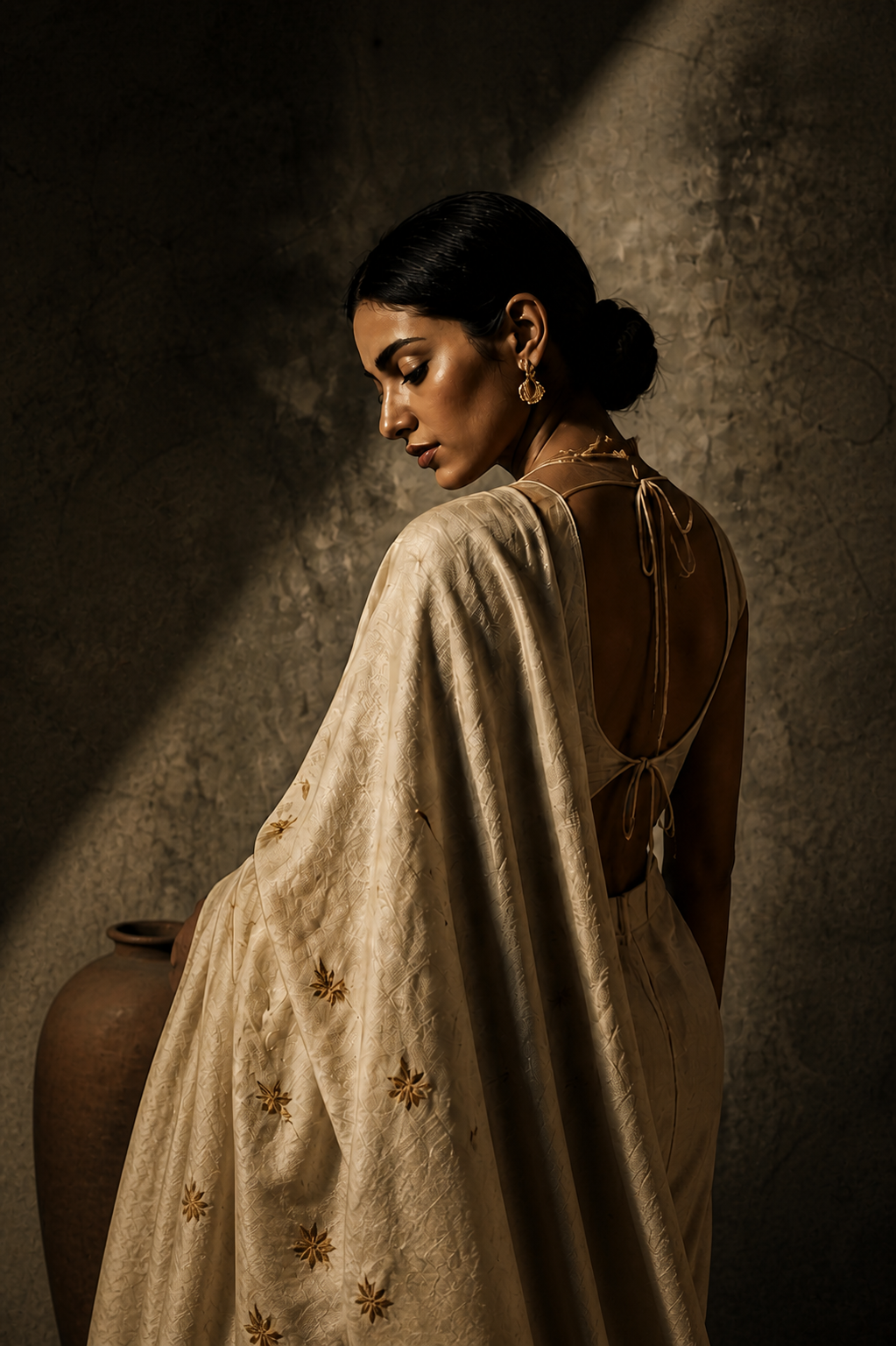 Indian fashion portrait in ivory drape